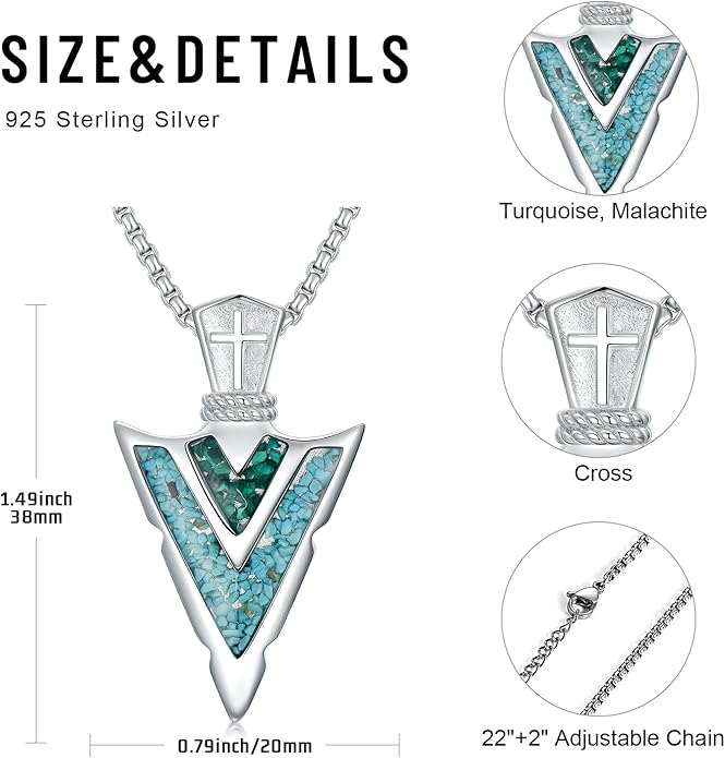 Suiknsn Arrowhead Necklace for Men Women 925 Sterling Silver Turquoise Malachite Celtic/Eye of Horus/Viking Arrow Pendant Amulet Jewelry Gifts Native American Necklace