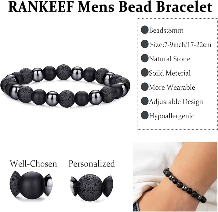 RANKEEF Mens Bead Bracelet Set - Adjustable Elastic Rope With 6&8MM Natural Stone Multi-Colored Beads - Tiger Eye Bracelets for Men - Gift