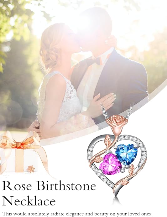 Christmas Gifts for Women Rose Heart Birthstone Pendant Necklace I Love You Forever Jewelry Valentine Mothers Day Birthday Gifts for Women Her Wife Girlfriend