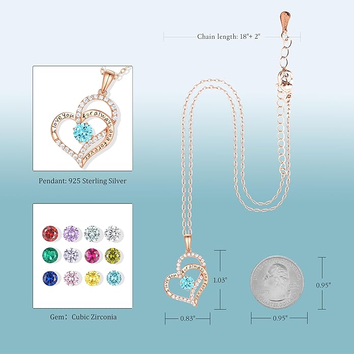 Heart Birthstone Silver Necklace for Women, S925 Sterling Silver Pendant Necklace Birthday Jewelry Gifts for Her Mother Mom Wife Girlfriend