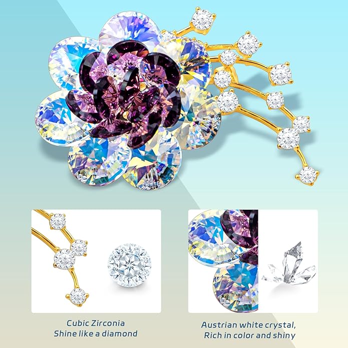 KZQtriid Brooches For Women,14k Gold Plated Copper,Crystal Roselle Cubic Zirconia Brooch Pins For Women ，Crystal Broach,Flower Broach