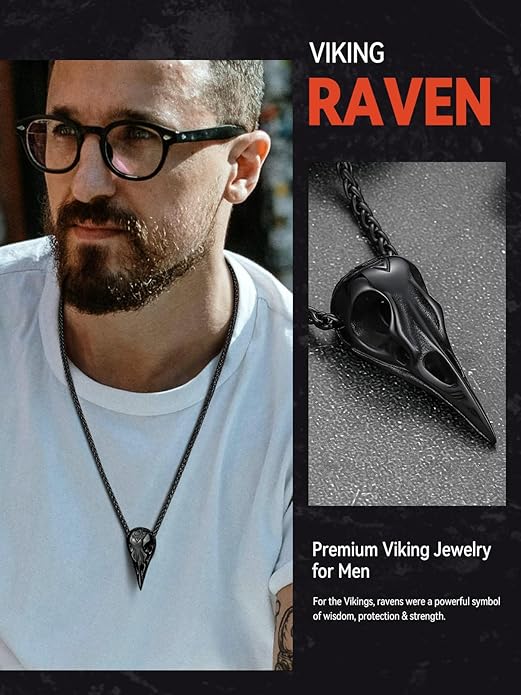 FaithHeart Viking Raven Necklace for Men, Norse Mythology Raven Skull Pendant Sturdy Stainless Steel Amulet Jewelry Gift for Men