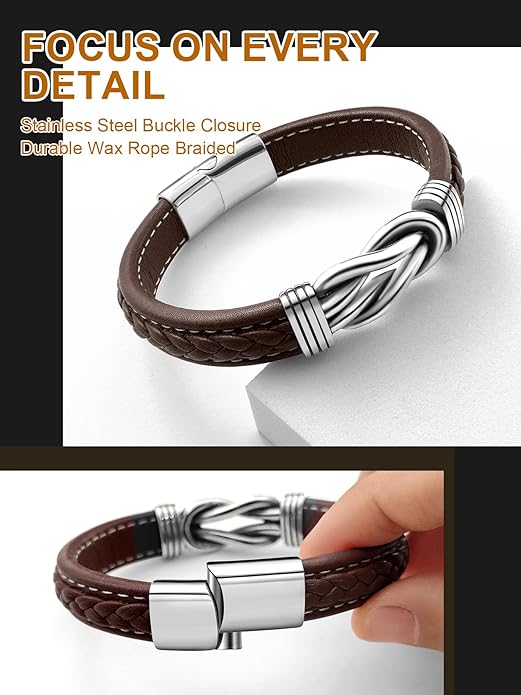 Mens Black Braided Leather Bracelet, Green/Red/Brown/Black Braided Leather Infinity Knot Bracelets for Men with Stainless Steel Clasp, 7.5/8.5/9in Length