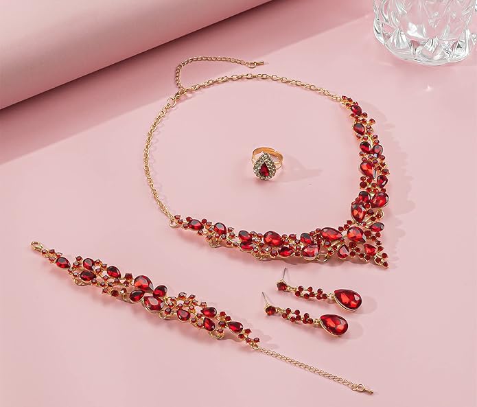 Paxuan Crystal Bridal Wedding Jewelry Sets for Women Rhinestone Teardrop Crystal Statement Choker Necklace Drop Earrings Link Bracelets Rings Teardrop Jewelry Set for Brides Bridesmaids
