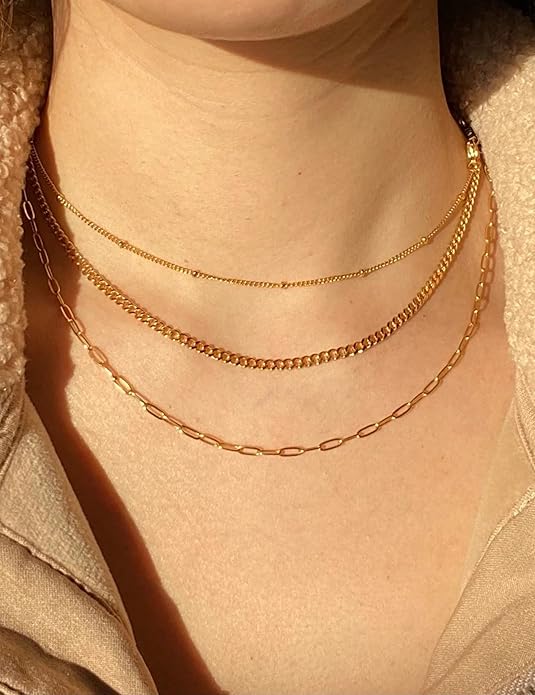 AILPIWE Layered Gold Necklaces for Women, 18K Gold Plated Dainty Paperclip Box Cuban Satellite Chain Necklace Set, Simple Gold Necklace Stack for Women