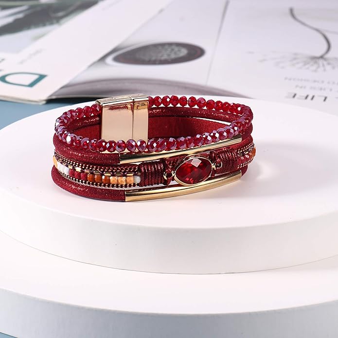 FANCY SHINY Leather Wrap Bracelets Crystal Beads Bracelet Boho Cuff Stone Charm Bracelets with Clasp Costume Jewelry for Women