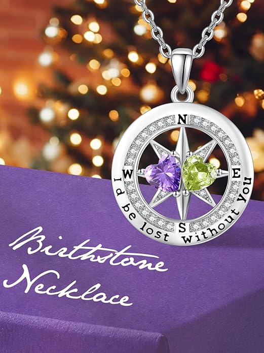 Compass Birthstones Necklace for Women, Exquisite Anniversary Birthday Gifts for Wife Her Double Birthstone Pendant jewelry ‘I'd be Lost Without You’