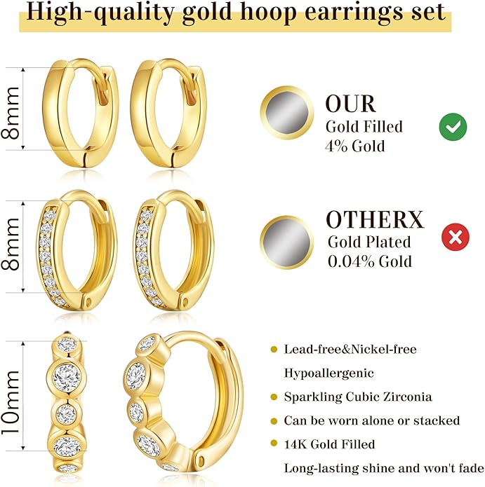 3Pairs Small Gold Huggie Hoop Earrings for Women,Romantic heart,Twisted braid two colors,3 CZ Hoop,5 Round Zircon Sport Hoops Earrings Set,14K Gold Filled Silver Hypoallergenic Earring Excellent gift