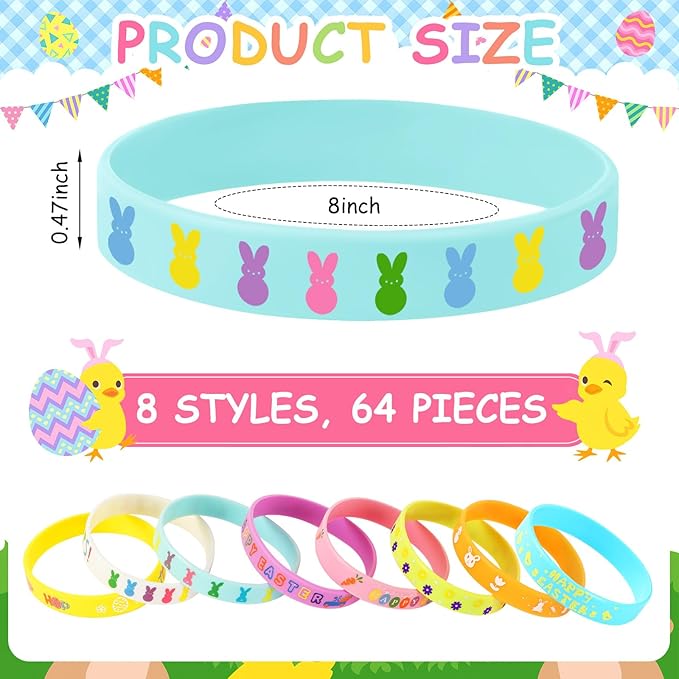 JUNEBRUSHS 64pcs Easter Party Favors Silicone Bracelets Bunny Egg Carrot Flowers Cross Rubber Wristbands for Easter Egg Fillers Gifts Basket Stuffers Accessories Party Decorations(8 Designs)
