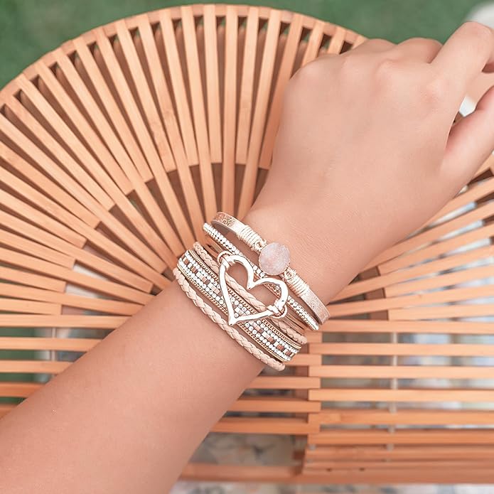 FANCY SHINY Heart Leather Wrap Bracelets Stackable Boho Cuff Bangles Trendy Resin Stone Rhinestone Bracelets with Magnetic Clasp for Women