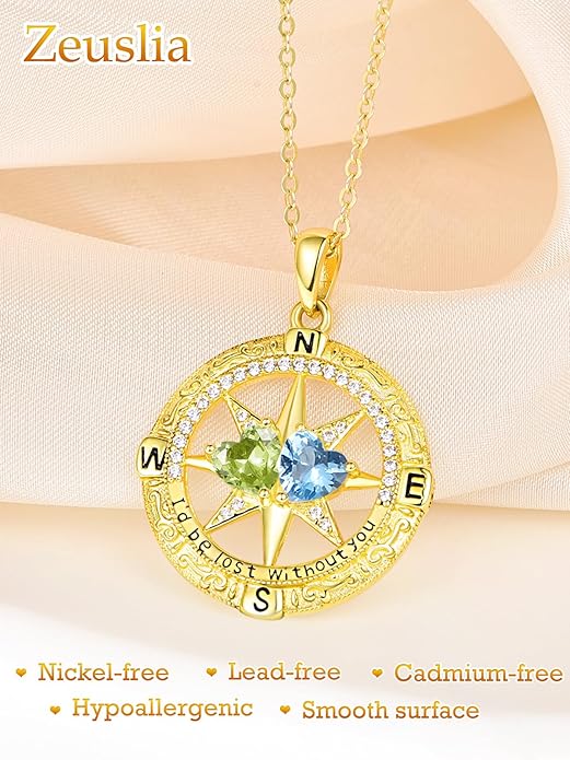Zeuslia Double Birthstone Necklace Gifts for Wife - 925 Sterling Silver Sunflower/Rose/Crown Cross/Compass/Heart Pendant I Love You Necklace, Anniversary Birthday Gifts for Wife Girlfriend Mom Her