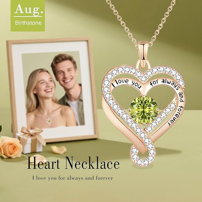 Birthstone Heart Necklaces for Women, Infinity Pendent S925 Sterling Silver Jewelry for Women, Wedding Anniversary, Birthday Mother’s Day Gifts for Mom, Mother, Wife, Girlfriend