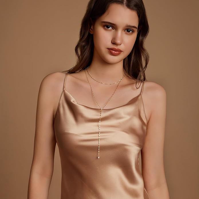 Lariat Silver/Gold Necklace for Women 925 Silver/14K Gold Plated Dainty Long Necklace Y-Shaped Drop Pendant Necklaces Choker Trendy Chain Simple Layered Necklaces CZ Jewelry for Women Set Gift