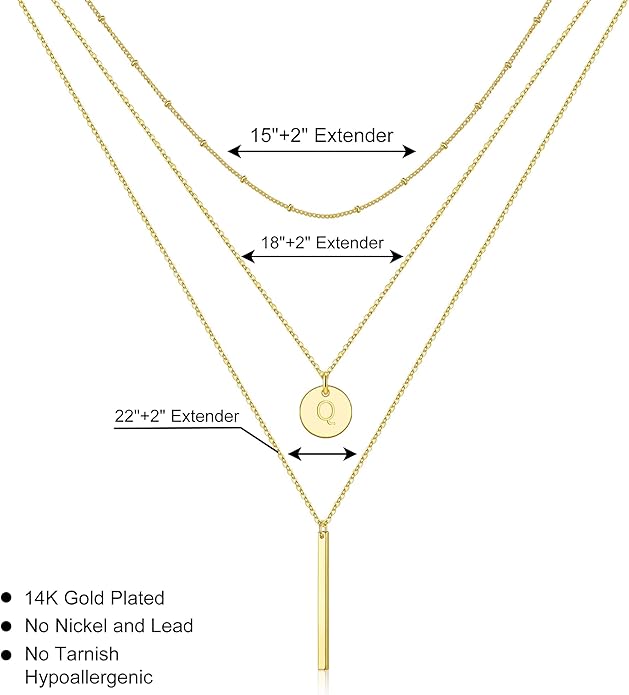 Initial Layered Necklaces for Women, 14K-Gold-Plated Coin Letter Necklace Bar Stacking Layer Necklace Multi Bar Layering Y-Necklaces Jewelry for Women