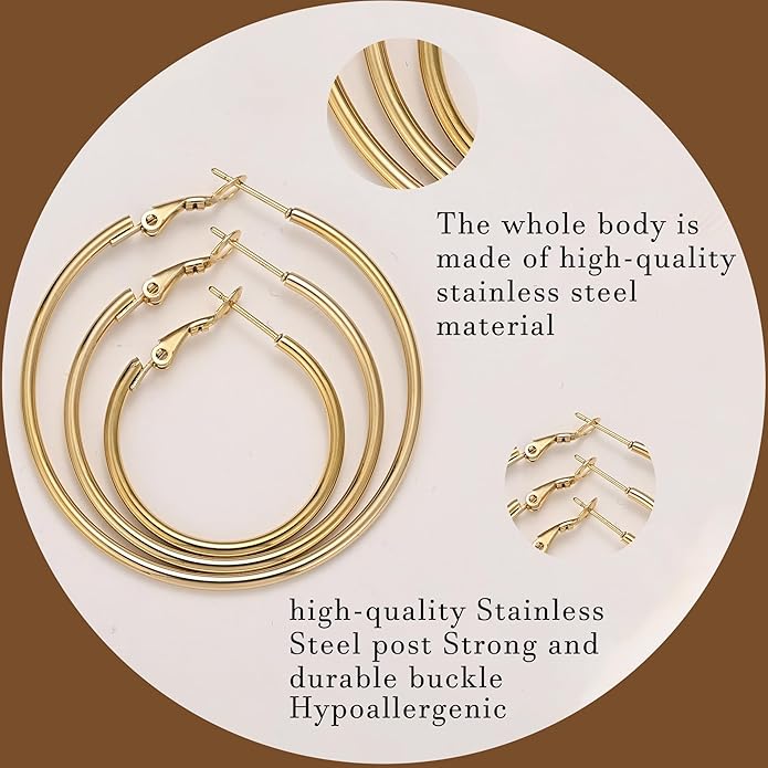 6 Pairs Gold Silver Hoop Earrings for Women, 14K Gold Plated Stainless steel Hoop Earring for Women, Lightweight Hypoallergenic Dainty Hoop Earrings Set