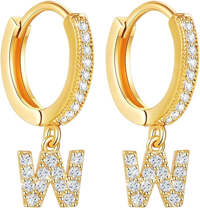 18K Gold Filled Initial Dangle Hoop Earrings for Women, 1 Pair CZ Hypoallergenic Alphabet Letter A-Z Drop Dangle Dainty Gold Earrings, Small Huggie Hoop Earrings with Cubic Zirconia Gifts Jewelry