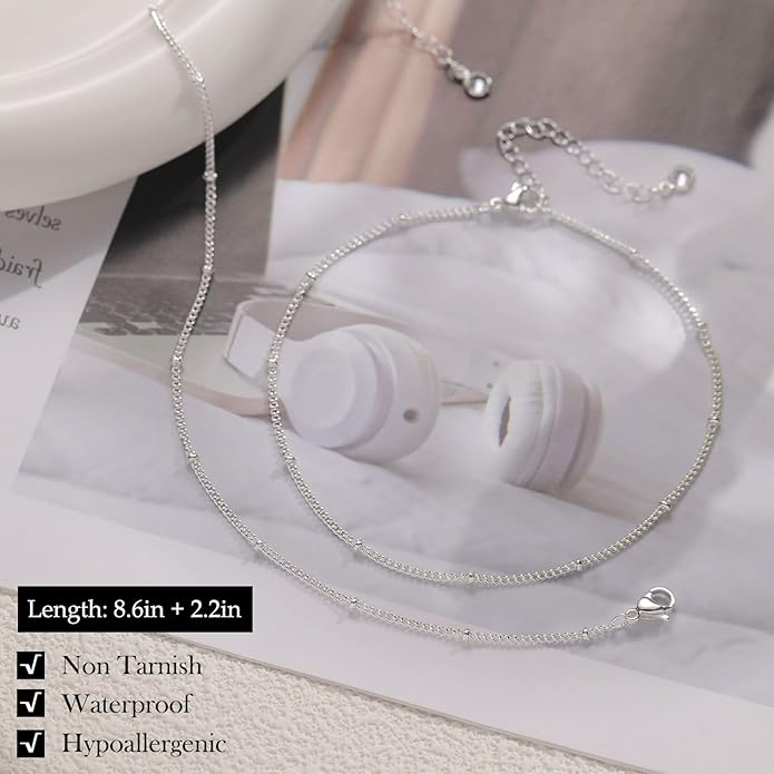 FUNEIA Gold Silver Ankle Bracelets for Women Waterproof 14K Gold Plated Anklets for Women Non Tarnish Dainty Layered Beaded Heart Anklet Set Summer Beach Foot Chain Jewelry Gifts Trendy Stuff
