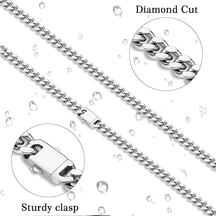 Fiusem Valentines Day Gifts for Him Silver Tone/Black/14K Gold Plated Chain Necklace for Men, 5mm/6mm/7.5mm/8mm/9mm Stainless Steel Cuban Link Chain Necklace, Men's Chains 18-28 Inch Jewelry Gifts