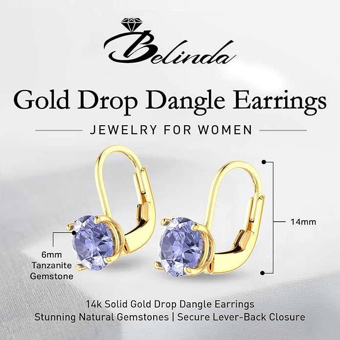 Women’s 14k Solid Gold Drop Dangle Earrings Lever Back Design with Natural Birthstone Gemstones Hypoallergenic Jewelry Collection Ideal Gifts for Wedding Anniversary