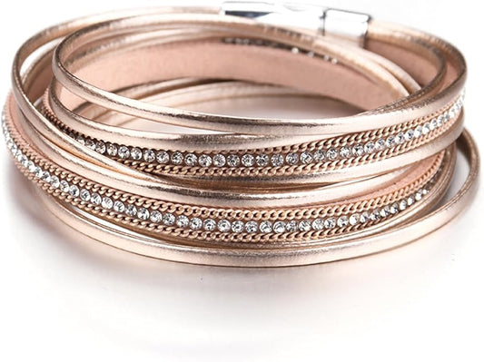 Fesciory Leather Wrap Bracelets for Women, Boho Leopard Multi-Layer Crystal Beads Cuff Bracelet Jewelry