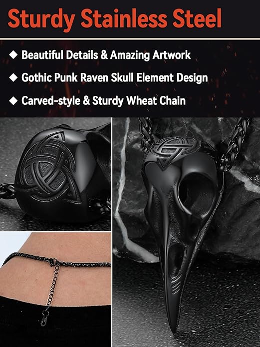 FaithHeart Viking Raven Necklace for Men, Norse Mythology Raven Skull Pendant Sturdy Stainless Steel Amulet Jewelry Gift for Men