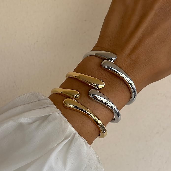 Gold Silver Bangles Bracelet for Women Trendy, 14K Gold Plated Dainty Thick Chunky Cuff Bracelet Stack