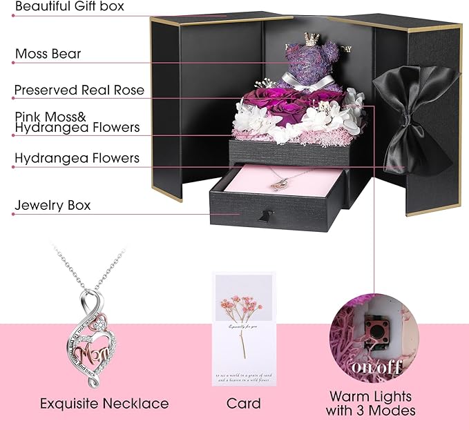 ADDWel Gifts for Mom from Daughter and Son, Unique Mom Birthday Gift Idea, Preserved Real Roses with Sterling Silver Mom Necklace, Cool Present to Mother Mama