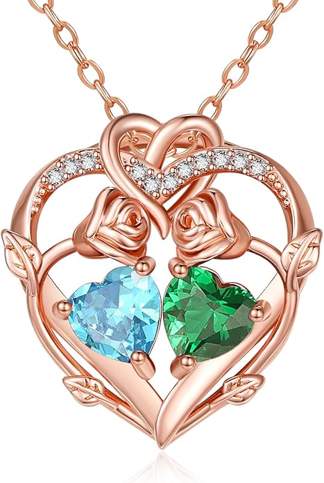 Rose Gold Necklaces for Women Double Birthstone Rose Flower Heart Pendant Necklace Jewelry Anniversary Christmas Valentine's Mother's Day Birthday Gift for Wife Mom Her Girlfriend Sister