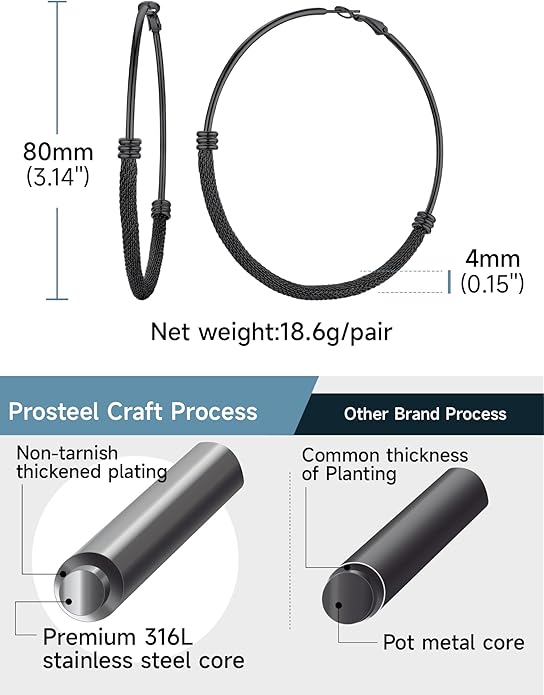 PROSTEEL 30/40/60/80/100mm Chunky Hoop Earrings For Women Gold Plated/Black Stainless Steel Hoops Earrings Statement Jewelry