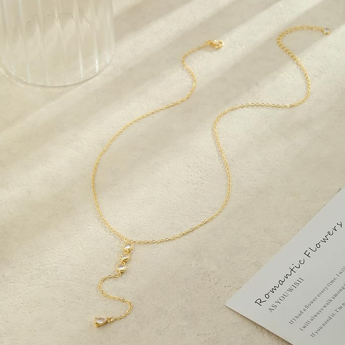 Lariat Gold Necklaces for Women Trendy Dainty Long Necklace 14k Gold Plated/Silver Layered Drop Beaded Chain Necklaces Y-shaped Pendant Necklace Simple Gold Jewelry Gifts