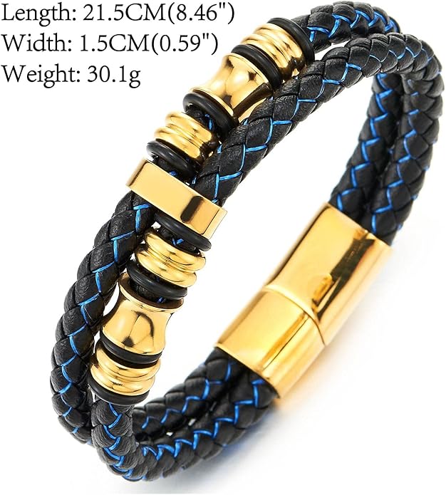 COOLSTEELANDBEYOND Mens Double-Row Braided Leather Bracelet Bangle Wristband with Stainless Steel Ornaments