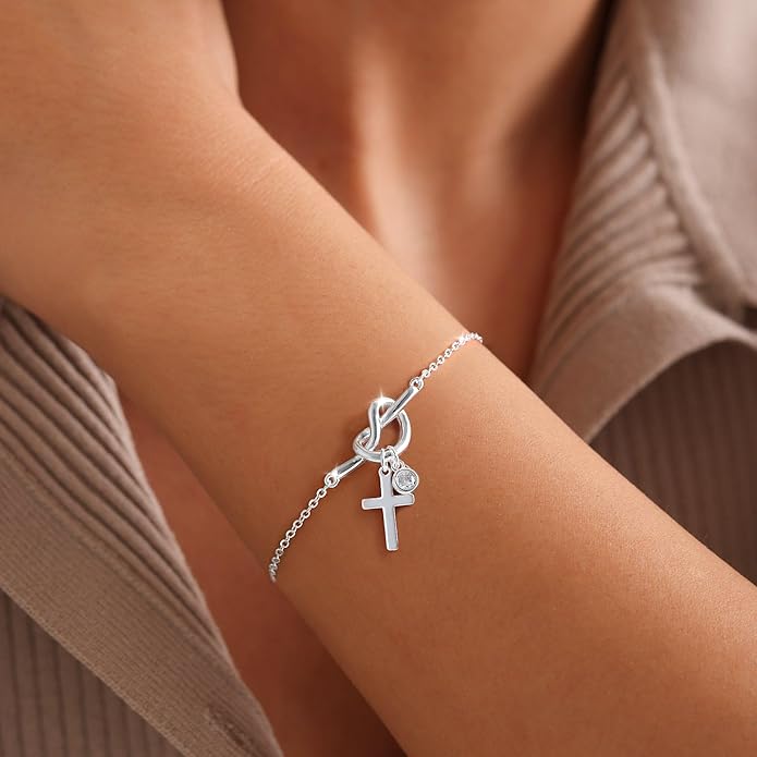 Moodear Christmas Gifts Sotcking Stuffers, Dainty 925 Sterling Silver/14k Gold Plated CZ Cross Bracelet Layered Snake Pearl Chain Knot Bracelets for Women Trendy Religious Christian Jewelry