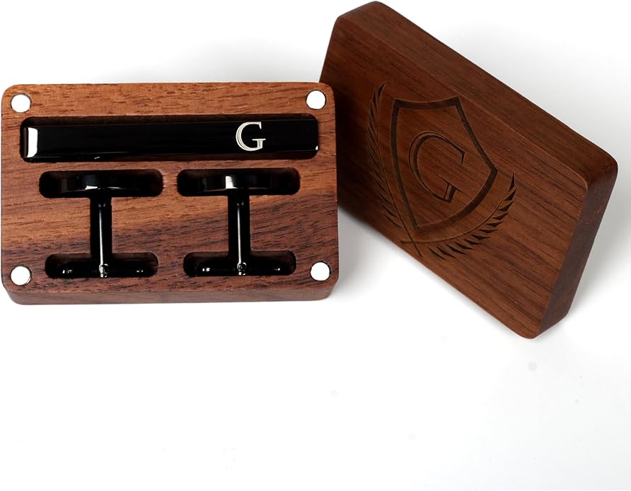 Mens Initial Cufflinks and Tie Clip A-Z Alphabet Letter Black Stainless Cuff Links Tie Bar with Engraved Walnut Wood Box Groom Groomsman Wedding Set