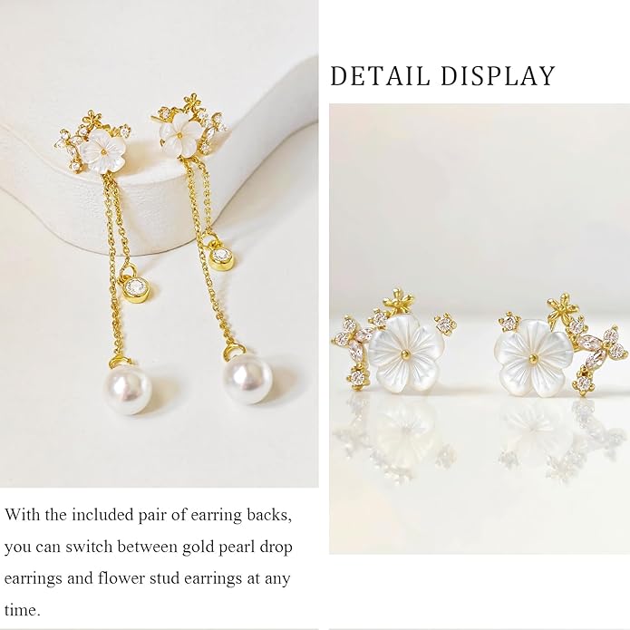 Zeffy Pearl Earrings for Women 14k Gold/Silver Pearl Drop Earrings Long White Pearl Tassel Dangle Statement Earrings Bridal Wedding Dainty Prom Earrings Birthday Gifts Jewelry