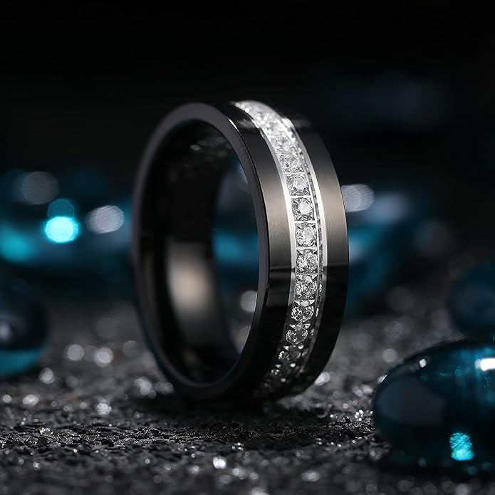 King Will Mens Tungsten Wedding Band with Cubic Zircon Inlay 7mm/8mm Flat Cut Comfort Fit Engagement Rings
