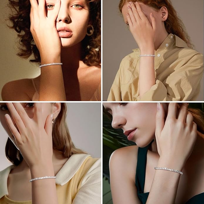 Moissanite Tennis Bracelet 1.52ct-7.76ct Adjustable Bracelet for Women 18K White Gold Plated S925 Sterling Silver Tennis Bracelet D Color VVS1 Round Cut 2/3/4mm Moissanite Bracelet Gifts for Wife/Mom