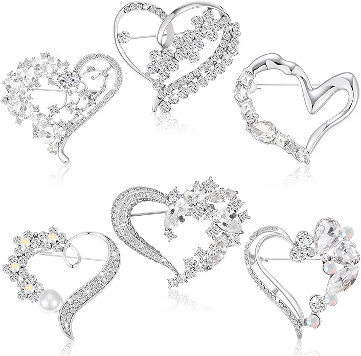 Junkin 6 Pcs Love Heart Brooch Pin Women Crystal Rhinestone Gift Hollow Lapel Crystal Brooch Pins for Girls Party Wedding Festivals Valentine's Day