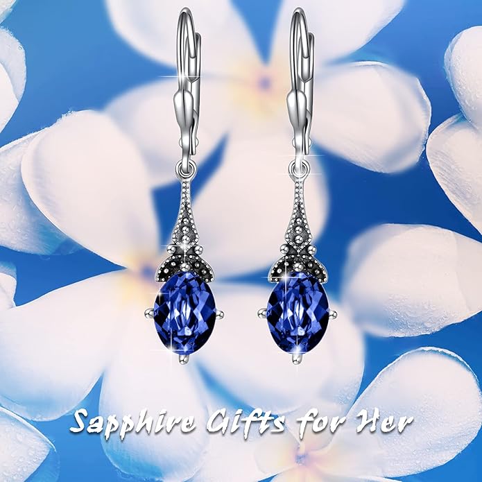 AOBOCO Vintage Earrings for Women Sterling Silver Retro Drop Dangle Leverback Earrings with 8x6mm Oval Genuine or Simulated Birthstone Crystal from Austria, Anniversary Jewelry Gifts for Her Women