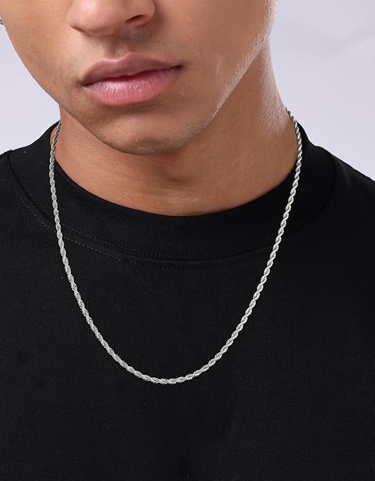 KRKC&CO Rope Chain Necklace for Men, Packaging with Gift Box & Card on Birthday from Mom Dad, 18K / White Gold Plated Chains, Hypoallergenic 316L Stainless Steel, Durable Men Jewelry, 3mm 16-26in