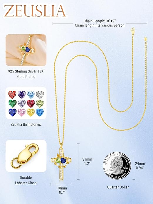 Zeuslia Double Birthstone Necklace Gifts for Wife - 925 Sterling Silver Sunflower/Rose/Crown Cross/Compass/Heart Pendant I Love You Necklace, Anniversary Birthday Gifts for Wife Girlfriend Mom Her