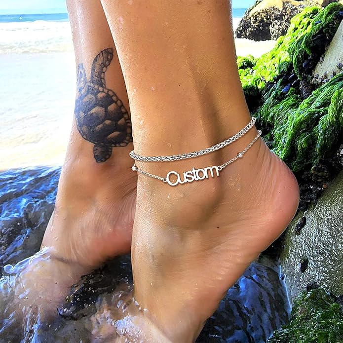 U7 Custom Layered Ankle Bracelets for Women Stainless Steel Bead/Cuban/Figaro/Rope/Wheat Chain Anklet Waterproof Anklet Jewelry for Beach Vacation