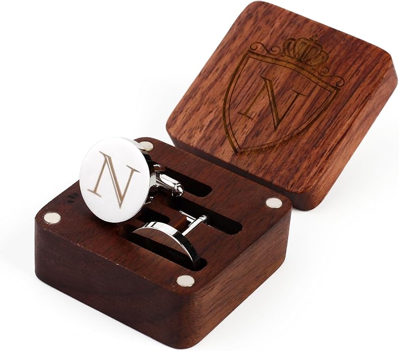 Mens Initial Silver Cufflinks A-Z Alphabet Letter Steel Cuff Links with Engraved Walnut Wood Box Groom Groomsman Wedding Set…