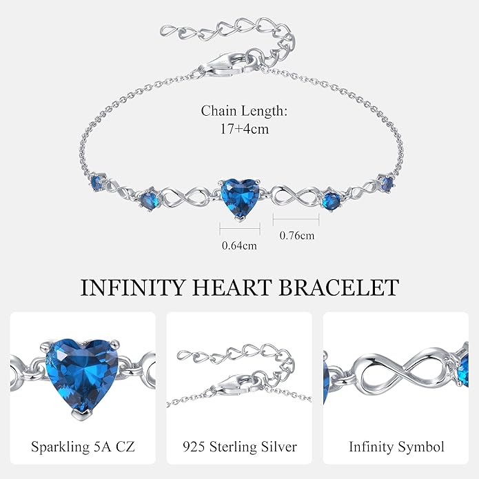 G&GEMSJEW Infinity Heart Birthstone Bracelets for Women, 925 Sterling Silver Women Charm Link Bracelet Adjustable, Birthday Anniversary Christmas Jewelry Gifts for Women Wife Mom Girlfriend Her