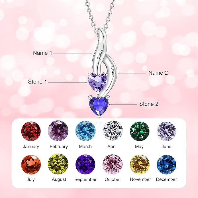 MissNaNa Sterling Silver Personalized Mothers Necklace with Simulated Birthstones Engraved 1-6 Children Names Custom Love Heart Pendant Family Necklace for Women Mother's Day Birthday