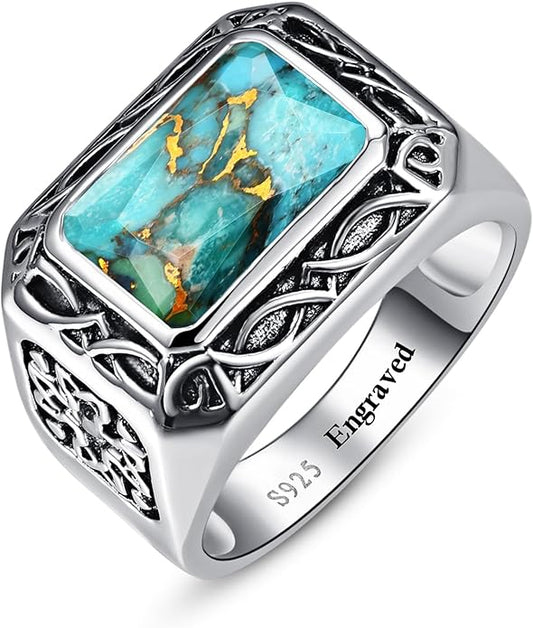 5CT 8X12mm Radiant Cut Teal Turquoise Ring/Created Mens Black Onyx 925 Sterling Silver Mens Ring Cocktail Rings Celtic Pattern Pinky Thumb Ring Band for Dad Father Size 7-12