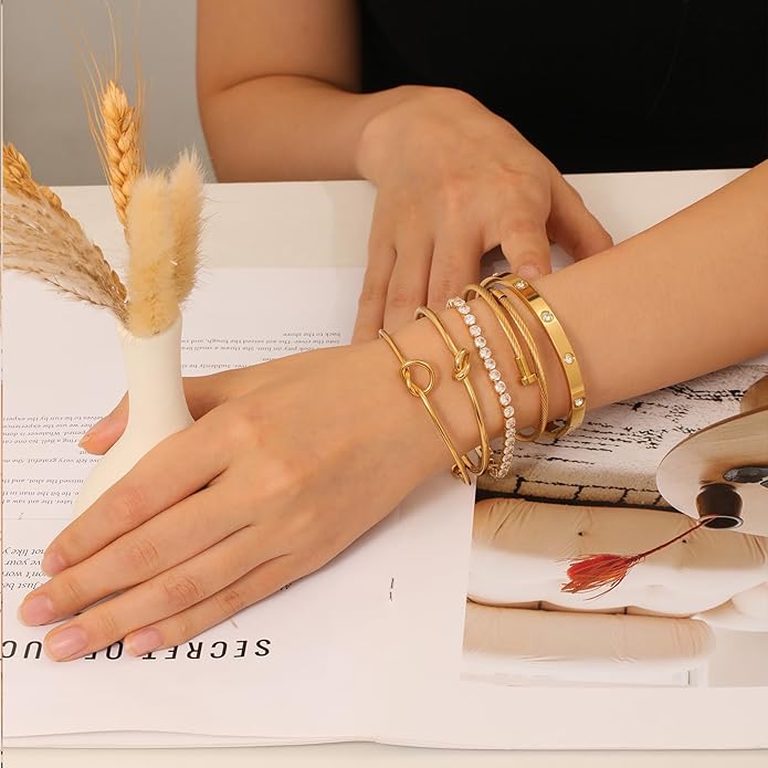 FAFUGA 18 K Gold Plated Love Bangle Bracelet Stack Cuff Jewelry for Women Jewelry Set for Women Gift with Box