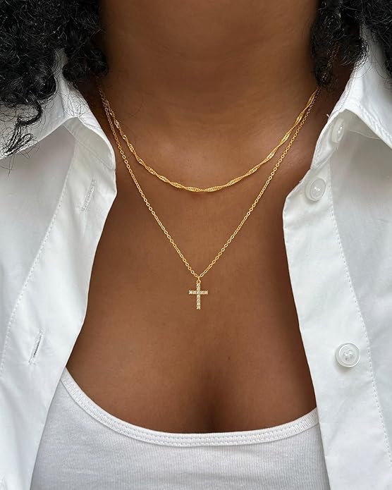 Cross Necklace for Women Dainty 14K Real Silver Gold Plated Layered Cross Pendant Necklace Stack Simple Trendy Cute Charm Choker Necklaces Jewelry Gift for Women Teen Her