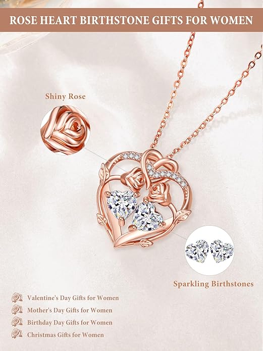 Rose Gold Necklaces for Women Double Birthstone Rose Flower Heart Pendant Necklace Jewelry Anniversary Christmas Valentine's Mother's Day Birthday Gift for Wife Mom Her Girlfriend Sister
