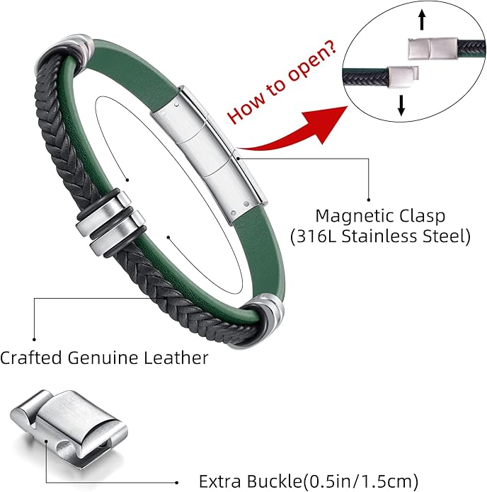 Leather Bracelet for Men with Adjustable Stainless Steel Magnetic Clasp Multi-Layer Braided Mens Leather Bracelet