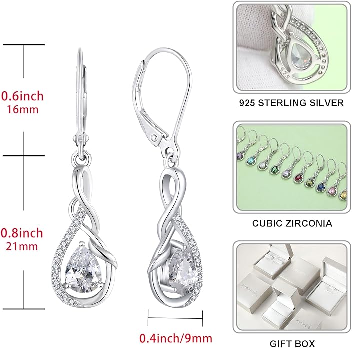 STARCHENIE 925 Sterling Silver Necklace Dangle Earrings for Women Infinity Twisted Teardrop Pendant April Birthstone Cubic Zirconia Jewelry Set